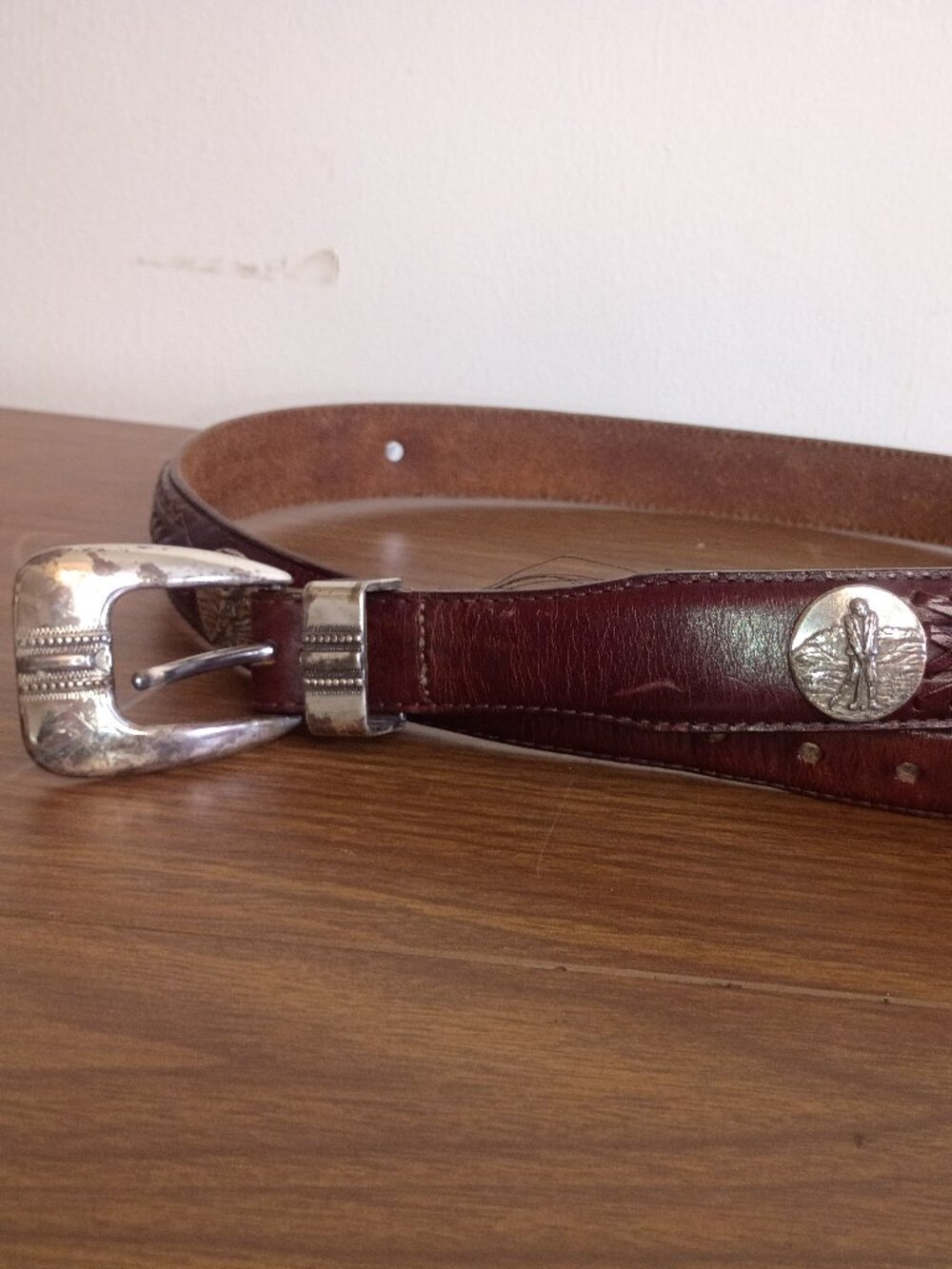 Vintage BRIGHTON-ONYX Men's Belt Sz 36" Brown Leather Braid Golf Conchos